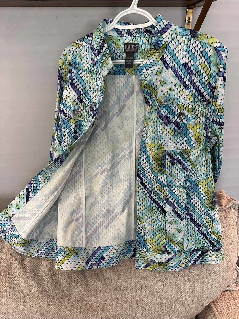 Chico's Multi-Color Printed Jean Jacket in Blue, Green & White